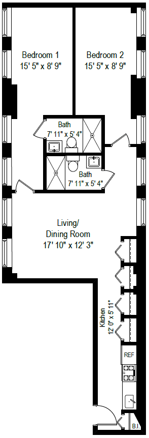 Floor plan for 2 beds, 2 baths, 706 sqft